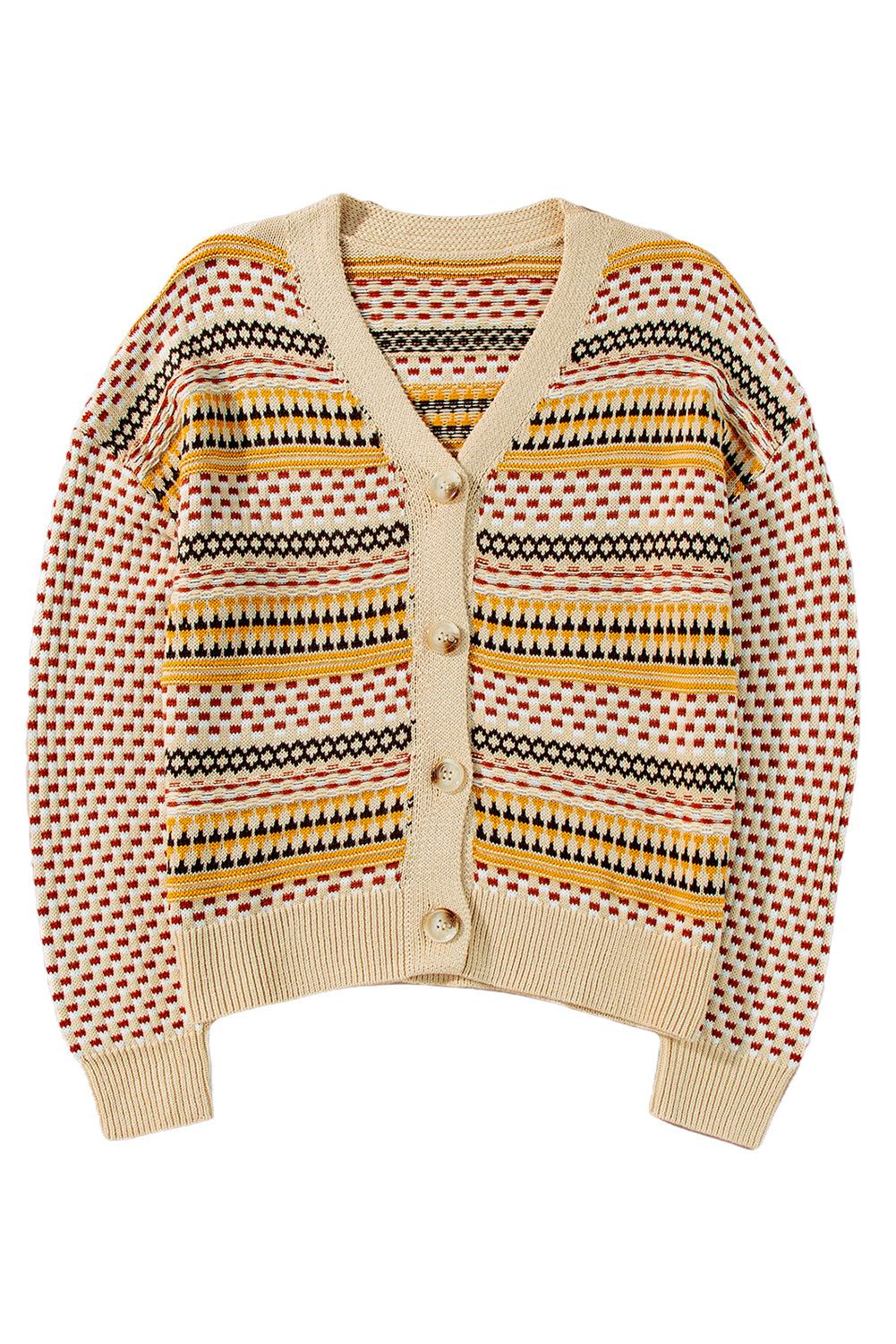 Geometric Pattern Button Front V Neck Cropped Cardigan