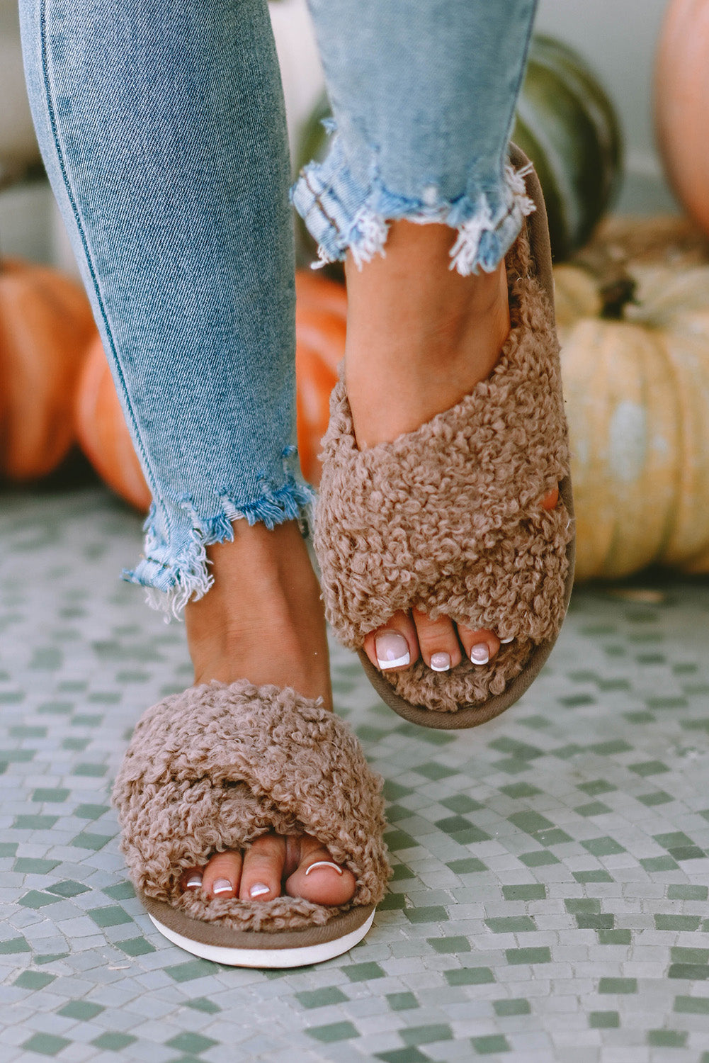 Brown Fuzzy Slipper Slides