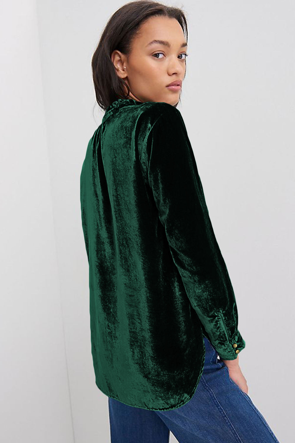 V Neck Buttoned Velvet Blouse