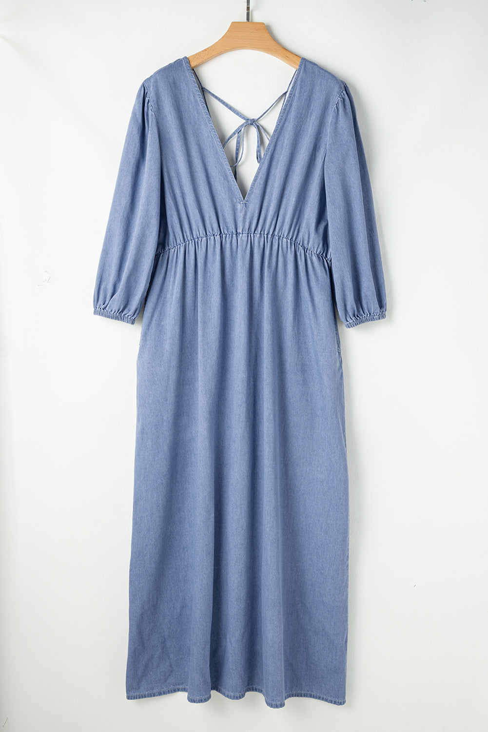 Chambray Deep V Neck Maxi Dress