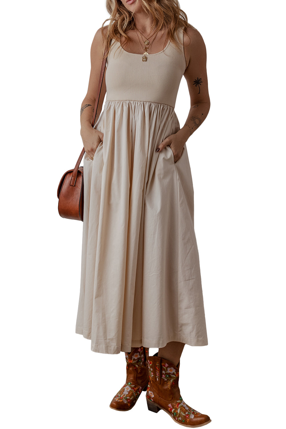 Beige Scoop Neck Midi Sundress