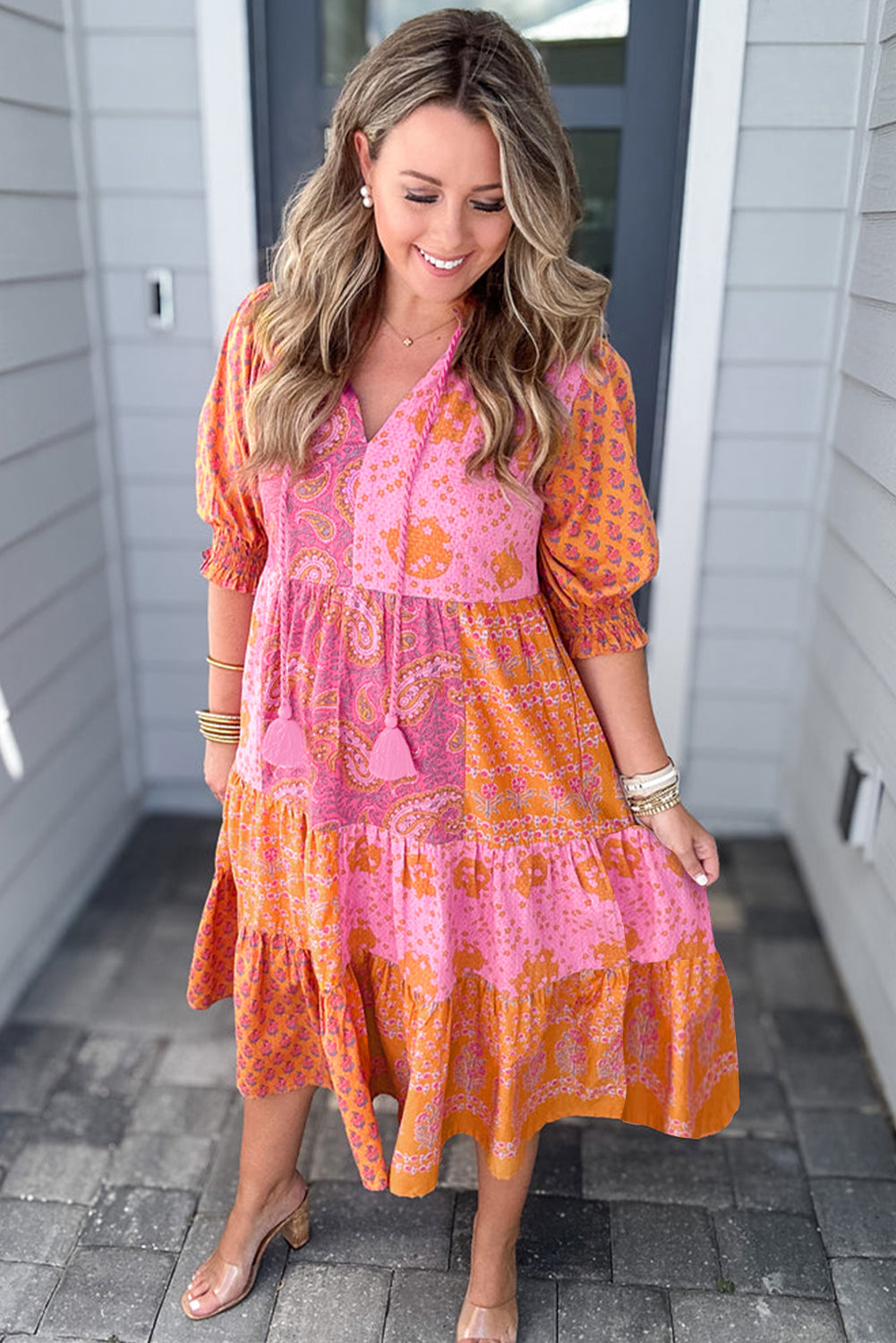 Pink Boho Paisley Floral Midi Dress - Plus