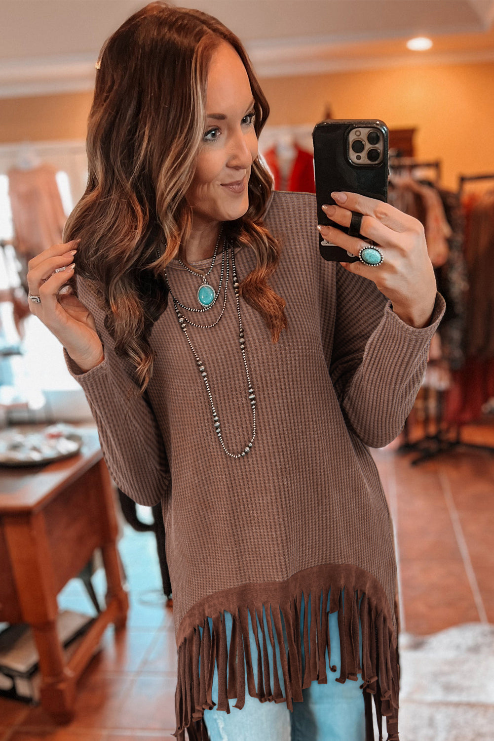 Coffee Waffle Fringe Top