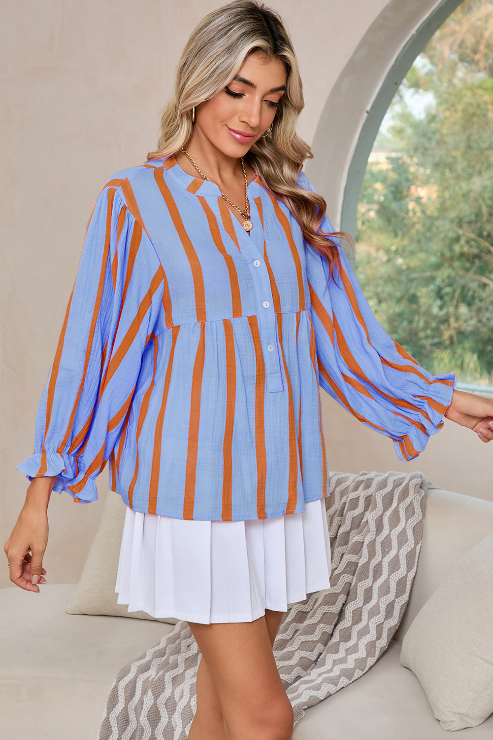 Stripe Crinkle Ruffle Sleeve Top