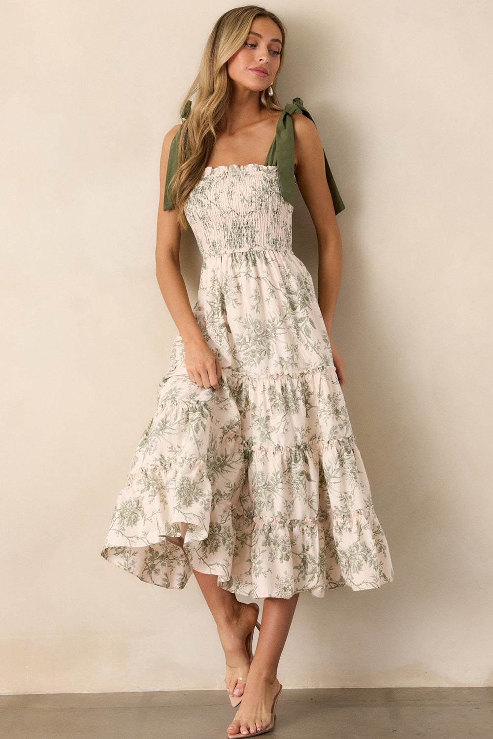 Floral Smocked High Waist Tiered Midi Dress