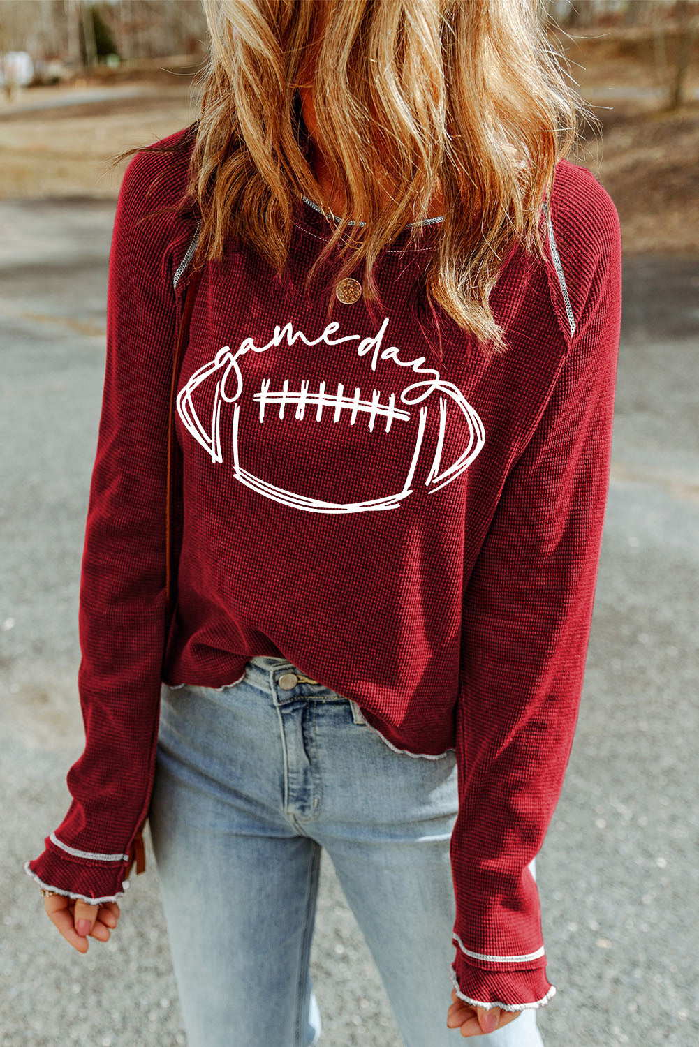 Red Waffleknit Football Sweatshirt