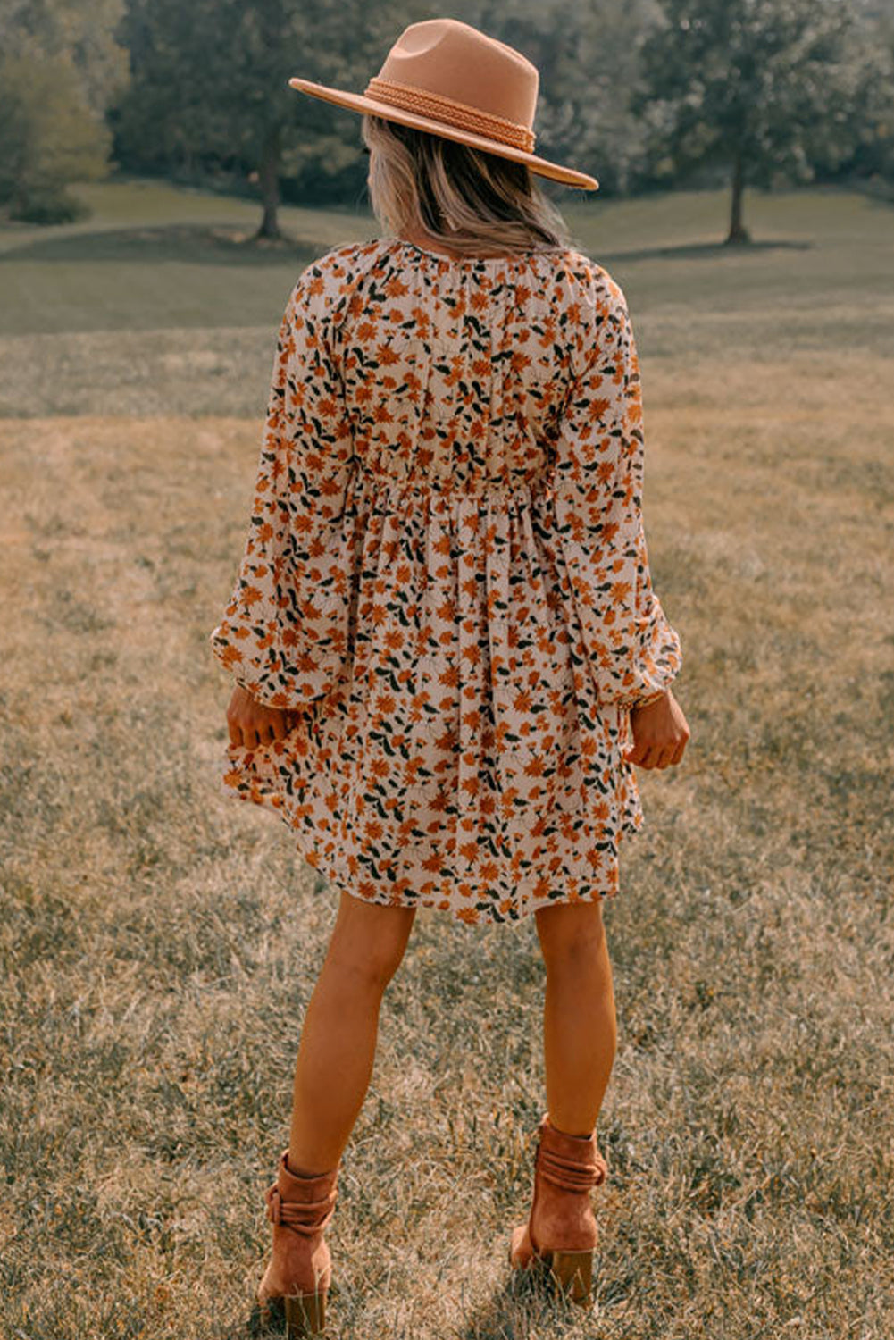 Beige Floral Smocked Babydoll Dress