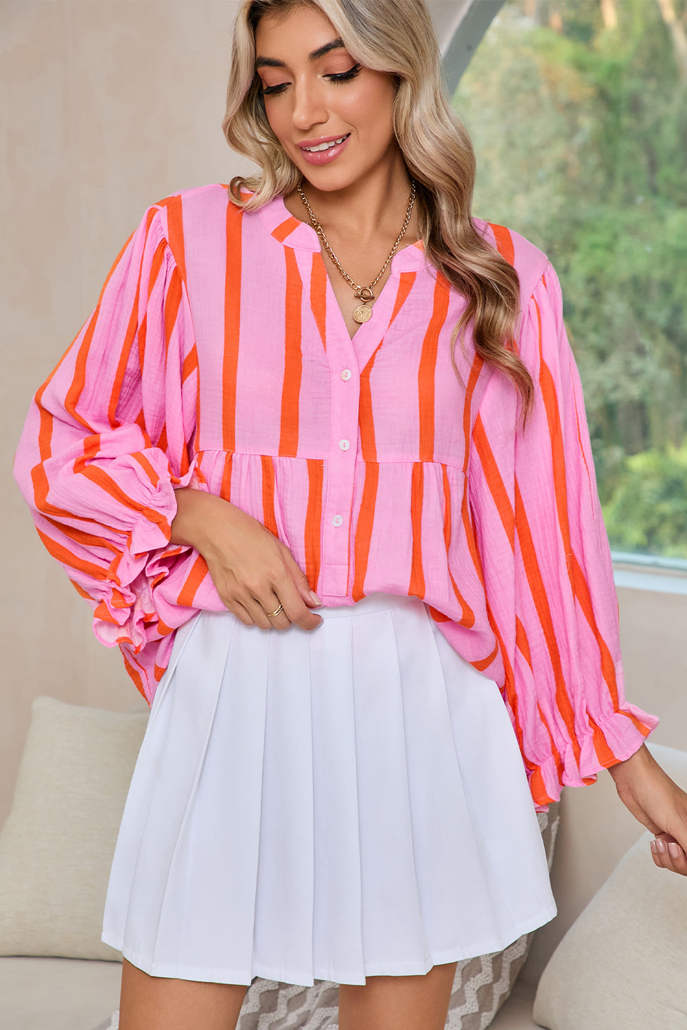 Stripe Crinkle Ruffle Sleeve Top