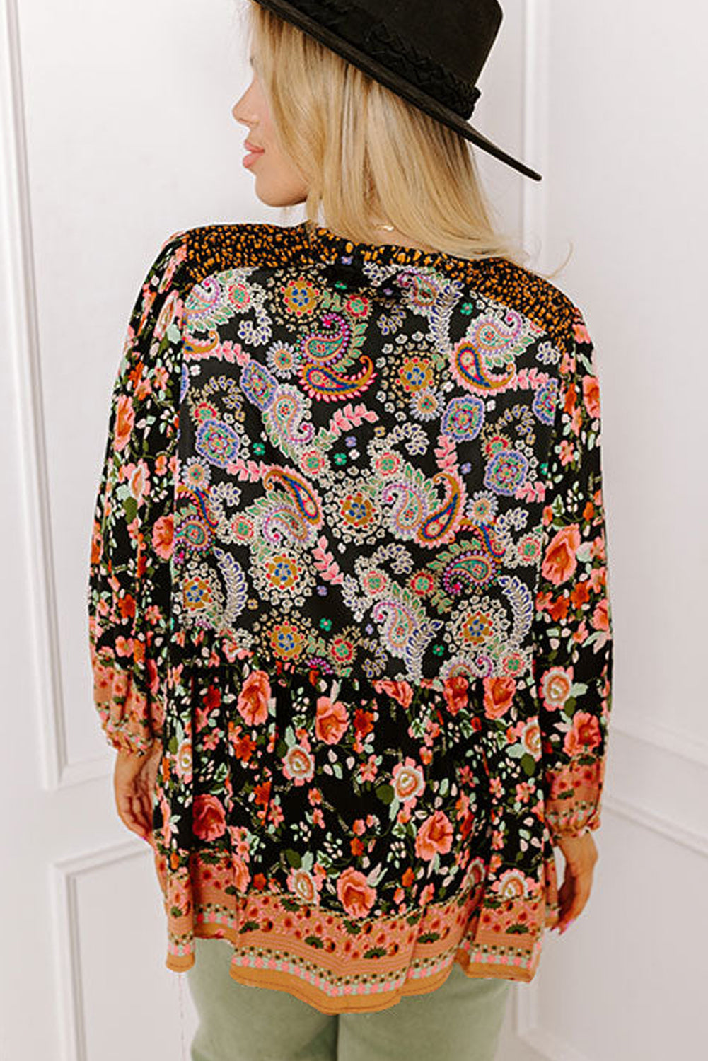 Paisley Print V Neck Bubble Sleeve Blouse - Plus