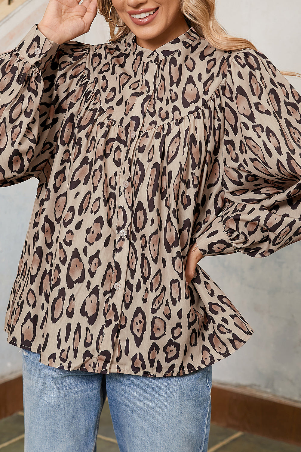 Leopard Print Balloon Sleeve Loose Blouse