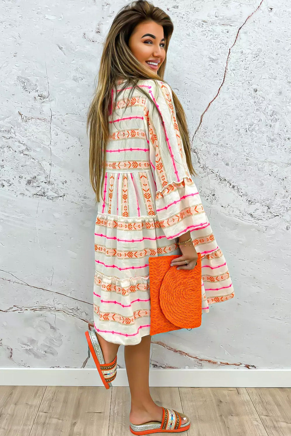 Bohemian Split Neck Ruffle Dress