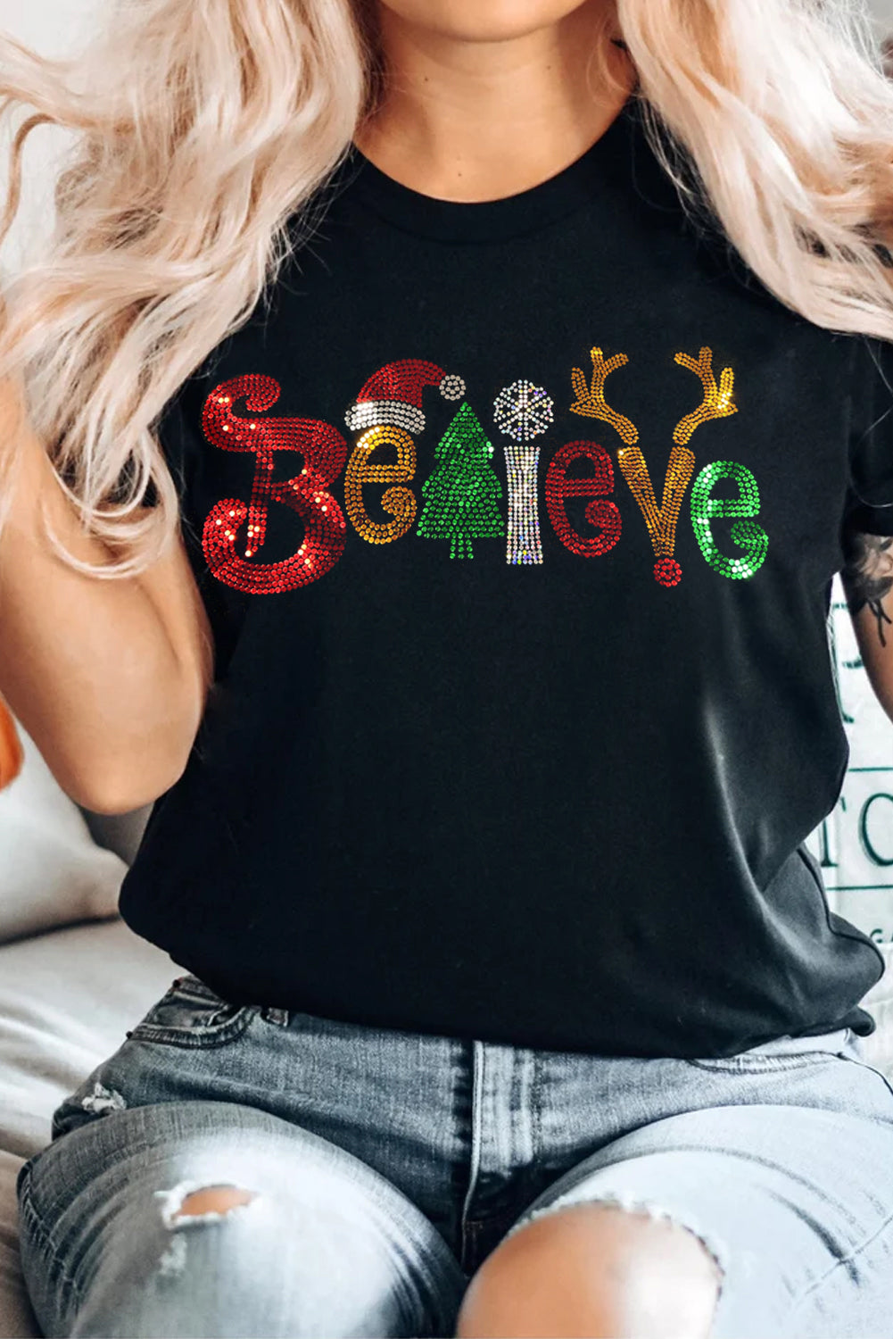 BELIEVE Glittered Christmas Tee