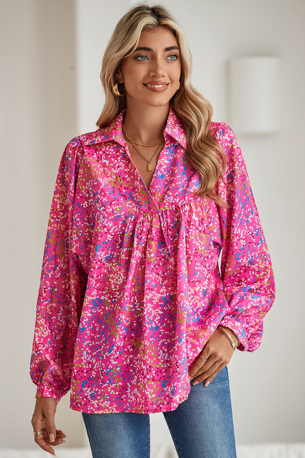 Floral V Neck Babydoll Blouse