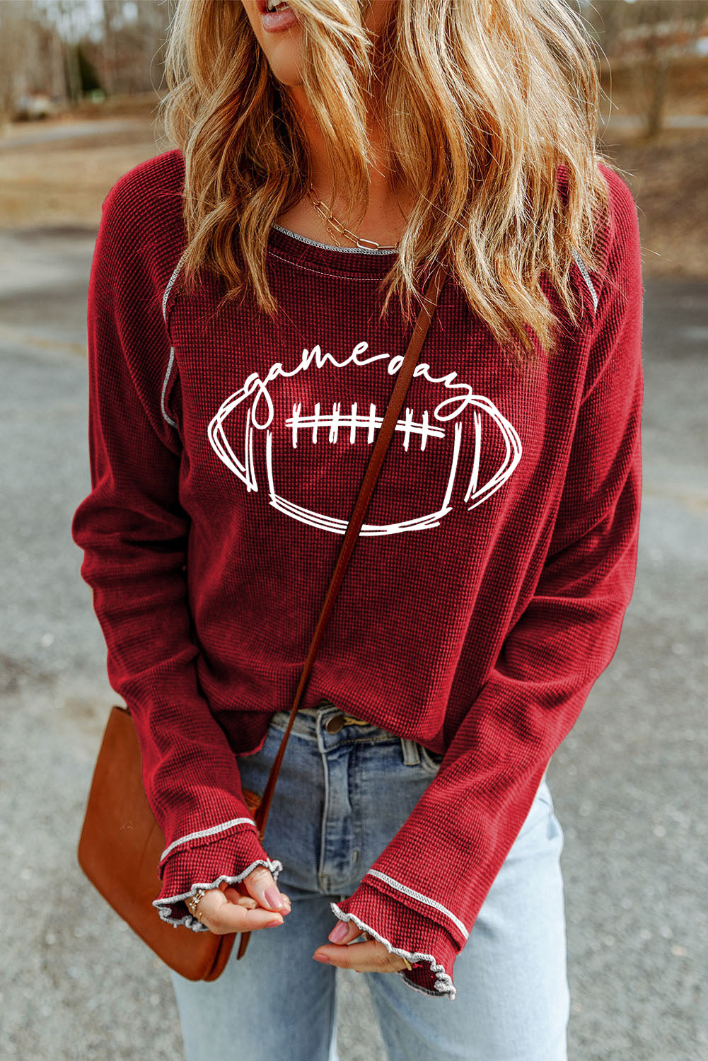 Red Waffleknit Football Sweatshirt